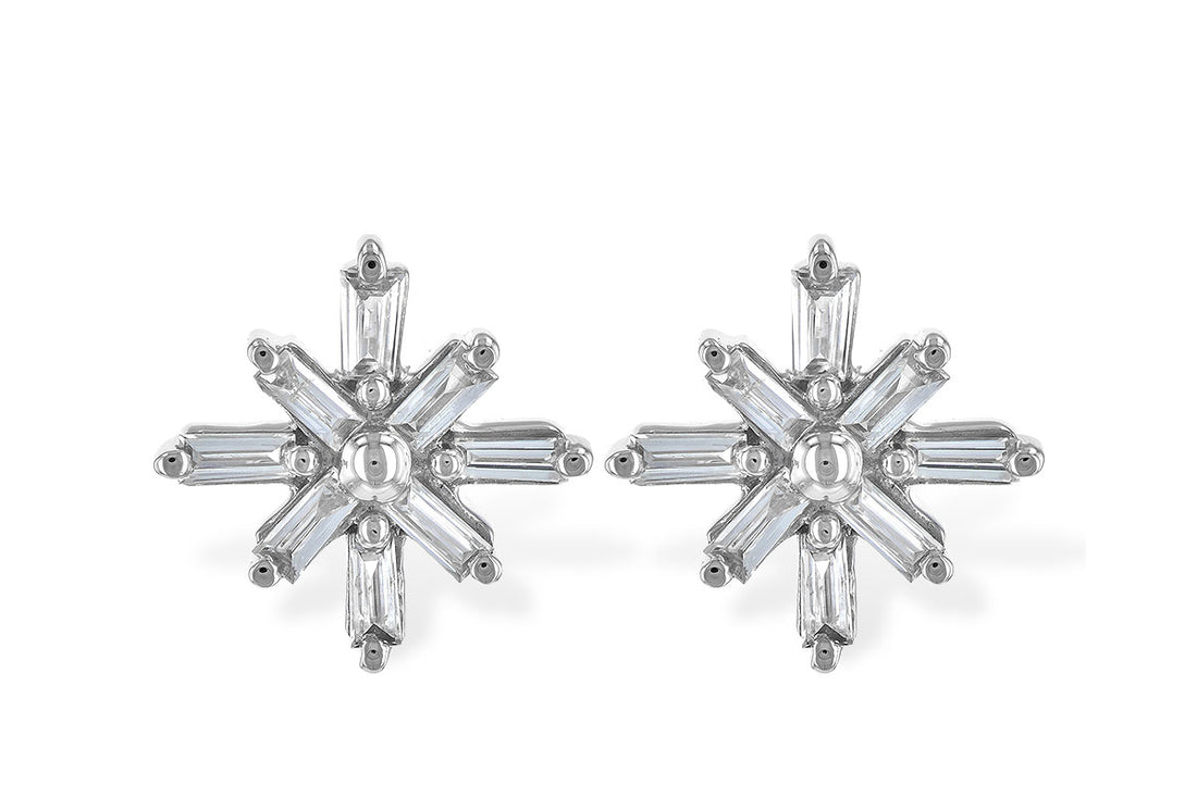 These exquisite Snowflake Diamond Gold Earrings by Allison Kaufman showcase a stunning intricate design, featuring baguette diamonds arranged symmetrically to radiate from the center. Perfect for a festive or elegant winter look, they are also crafted in luxurious 14K white gold for added sparkle.