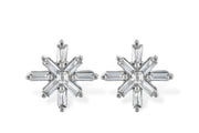 These exquisite Snowflake Diamond Gold Earrings by Allison Kaufman showcase a stunning intricate design, featuring baguette diamonds arranged symmetrically to radiate from the center. Perfect for a festive or elegant winter look, they are also crafted in luxurious 14K white gold for added sparkle.