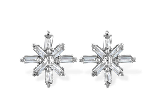 These exquisite Snowflake Diamond Gold Earrings by Allison Kaufman showcase a stunning intricate design, featuring baguette diamonds arranged symmetrically to radiate from the center. Perfect for a festive or elegant winter look, they are also crafted in luxurious 14K white gold for added sparkle.