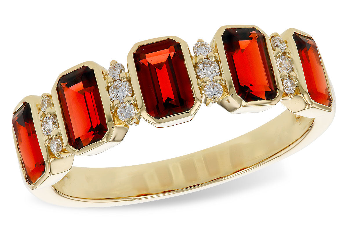 The Allison Kaufman ladies 1.62ct garnet and diamond ring (1.74tcw) showcases five rectangular garnets, each separated by sparkling diamonds, elegantly presented on a white background.