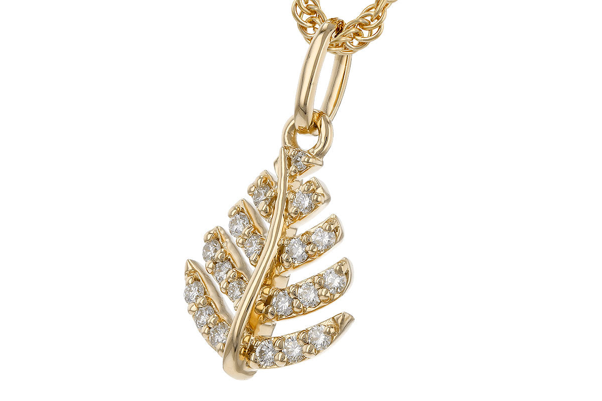 The Allison Kaufman 14K Yellow Gold Diamond Nature Pendant Necklace features a delicate, diamond-encrusted leaf-shaped pendant hanging gracefully from a gold chain.