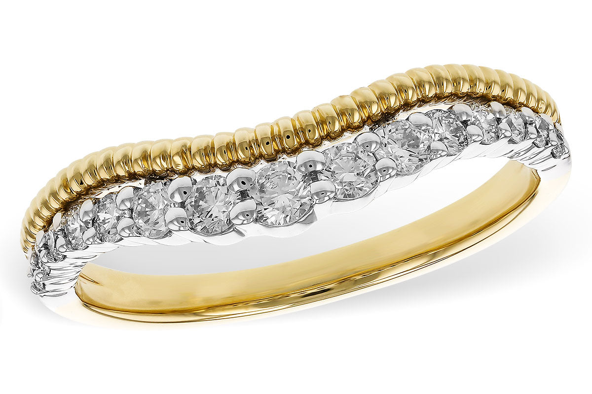 The Allison Kaufman 14K Two-Tone Gold Diamond Ring Enhancer features a row of sparkling round diamonds and a textured gold band accent, combining elegance with a unique design.