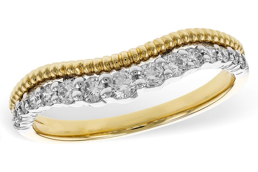 The Allison Kaufman 14K Two-Tone Gold Diamond Ring Enhancer features a row of sparkling round diamonds and a textured gold band accent, combining elegance with a unique design.