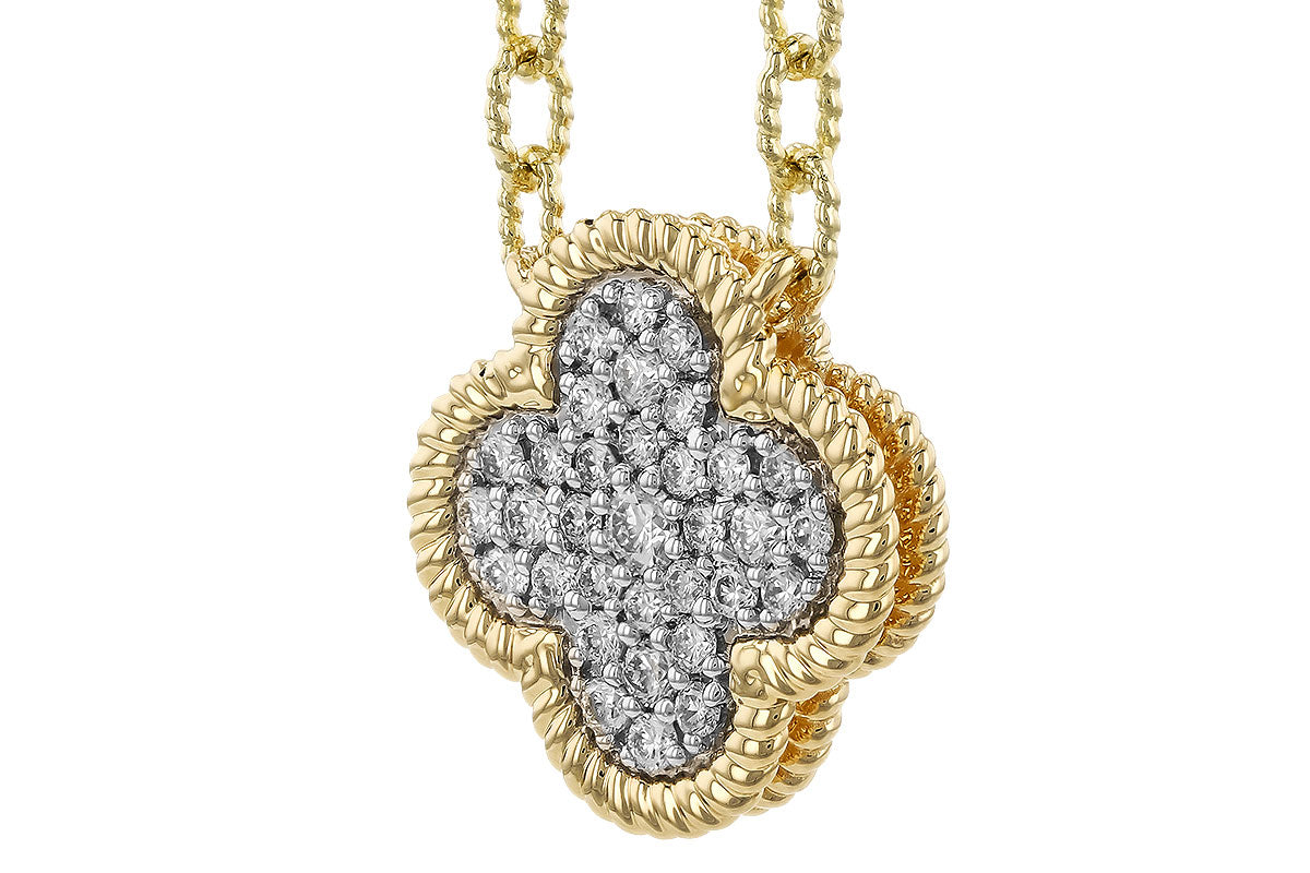 The Allison Kaufman 14K Yellow Gold Diamond Lucky Clover Necklace features a sparkling diamond-studded four-leaf clover pendant with a twisted gold border.