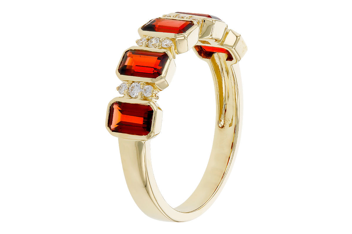 The Allison Kaufman ladies 1.62ct Garnet and diamond ring (1.74tcw) showcases three square-cut garnets in a row, accented by small round diamonds, all beautifully displayed against a white background.