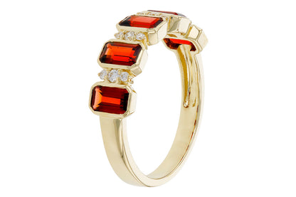 The Allison Kaufman ladies 1.62ct Garnet and diamond ring (1.74tcw) showcases three square-cut garnets in a row, accented by small round diamonds, all beautifully displayed against a white background.