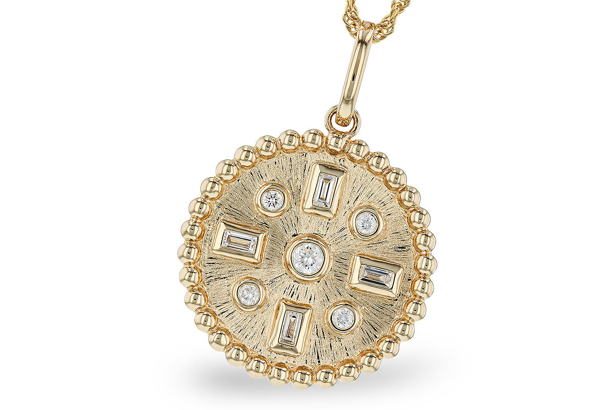 The Allison Kaufman 14K Yellow Gold Diamond Necklace features a textured round pendant with six round and four baguette diamonds, bordered by a beaded gold edge for a chic geometric look.