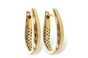 Allison Kaufman Yellow Gold 17mm Hoops feature an oval design with decorative cutout patterns on the inner sides, displayed upright against a white background. These classic earrings embody timeless elegance and refined style.