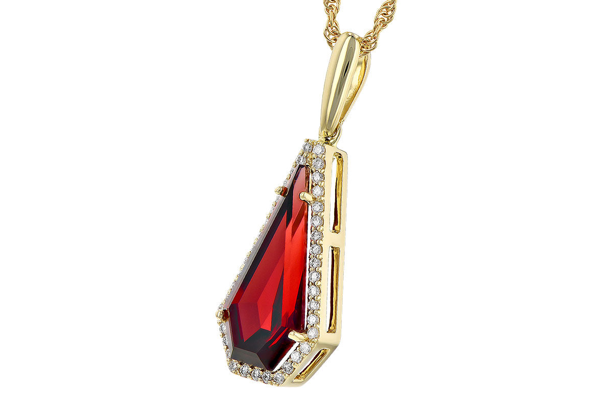The Allison Kaufman Garnet and Diamond 14K Yellow Gold Necklace features a large, geometric garnet—the January birthstone—framed by sparkling diamonds.