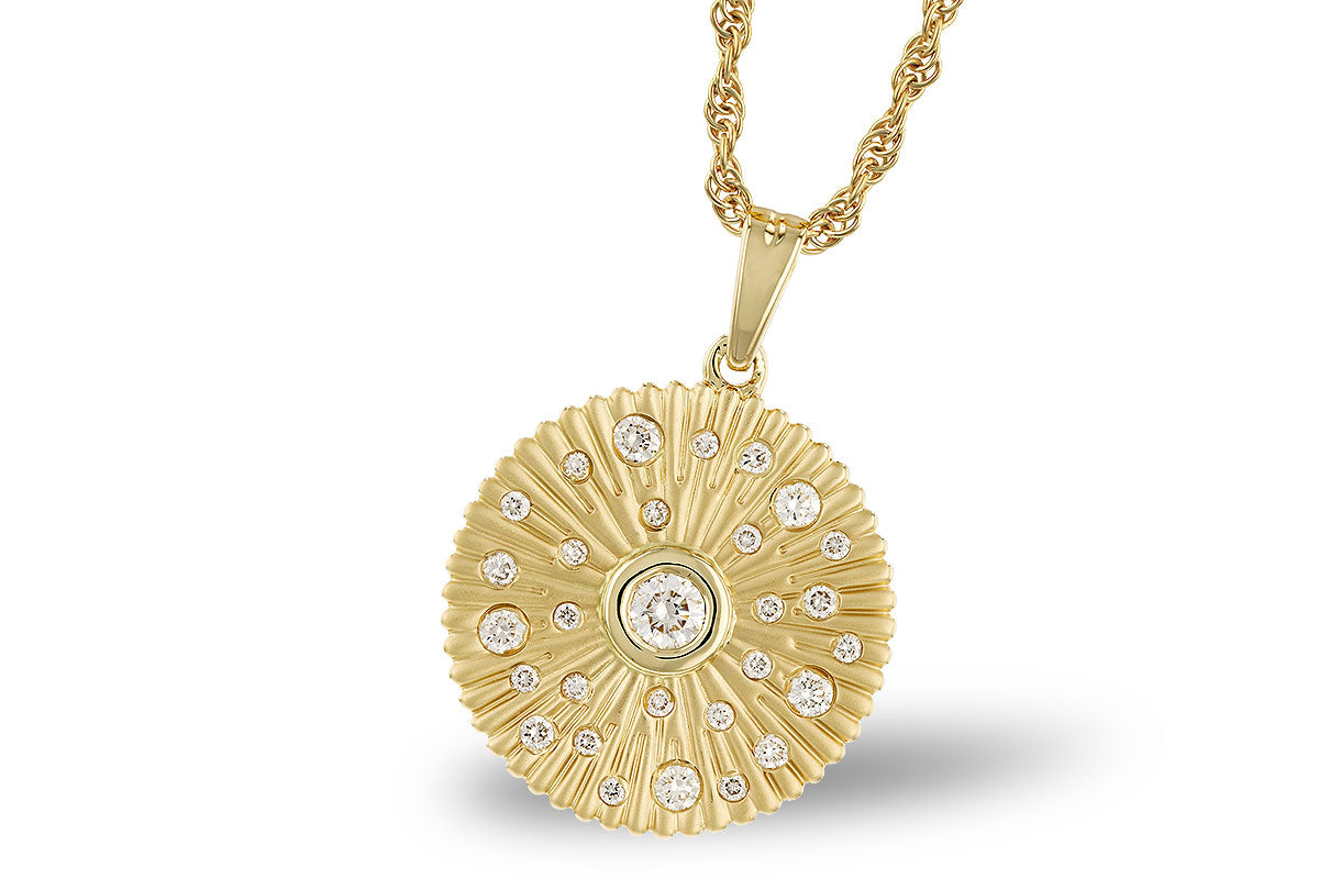 The Diamond 14k Yellow Gold Necklace by Allison Kaufman features a round, textured medallion with sparkling diamonds, including a prominent center stone, suspended from a twisted gold chain—a modern diamond sunburst pendant.