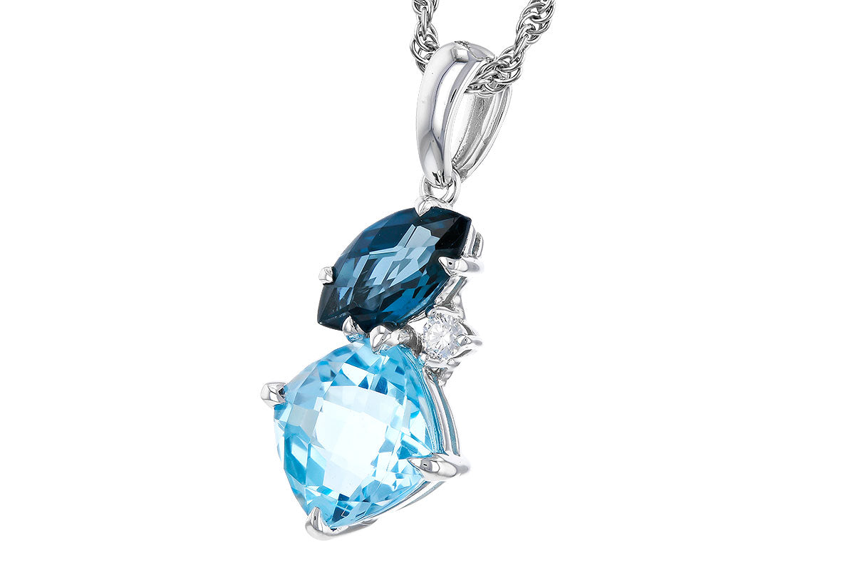 Allison Kaufman NECKLACE 2.37 TW BLUE TOPAZ 2.40 TGW features a silver pendant with a dark blue marquise-cut topaz above a larger light blue pear-shaped stone, separated by a small clear accent.