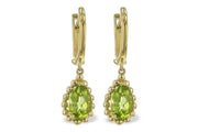 Allison Kaufman 14k Yellow Gold Peridot Dangle Earrings feature teardrop-shaped green stones with beaded gold borders on hoops—perfect as August birthstone jewelry.