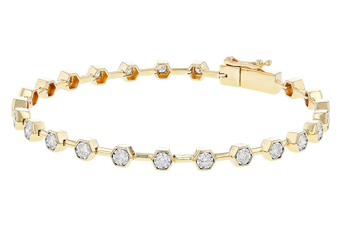 The Diamonds 14K Gold Tennis Bracelet by Allison Kaufman showcases hexagonal links crafted in 14K yellow gold, each embellished with a sparkling diamond. The bracelet features a secure clasp and boasts a modern, elegant design reminiscent of a classic tennis bracelet.
