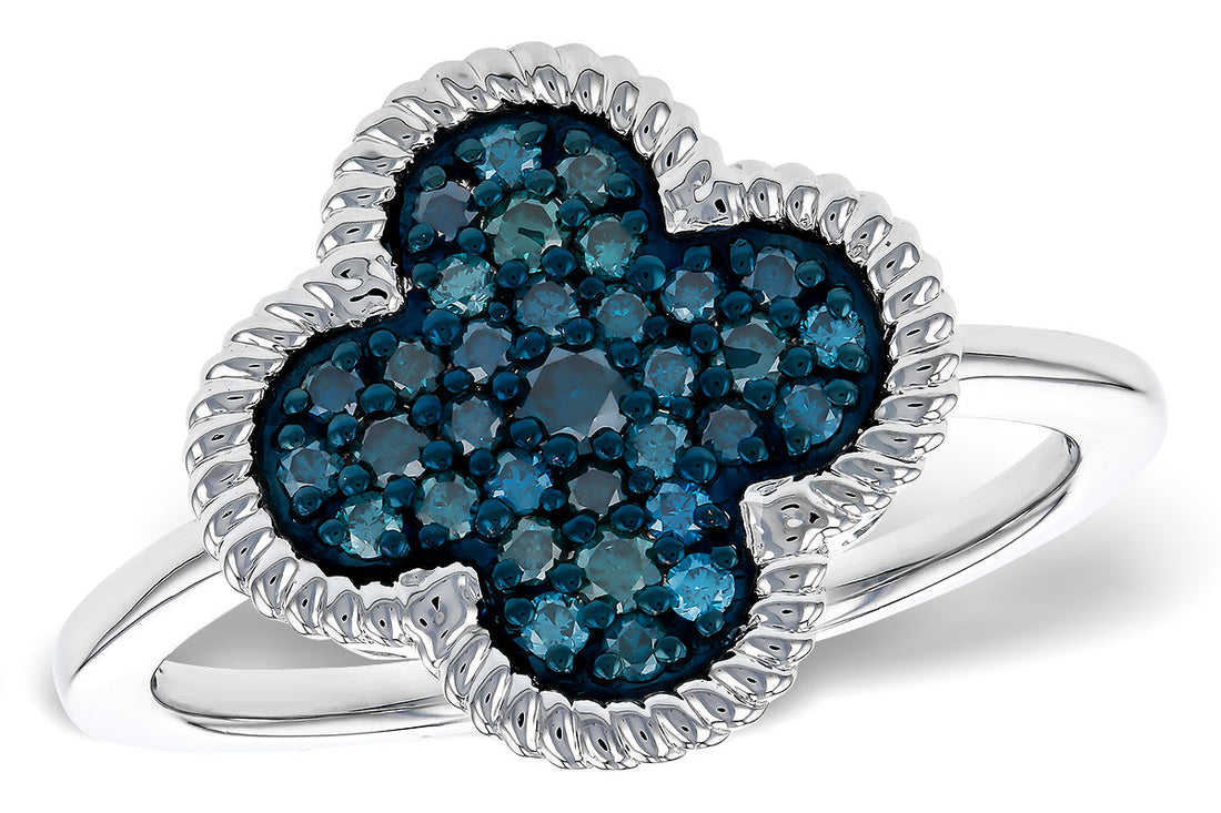 The Allison Kaufman ladies ring features a clover-shaped setting with 0.33ct Blue Diamond gemstones, accented by a detailed silver rope edge on a polished band.