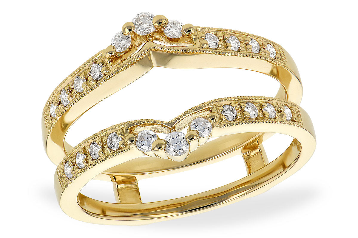 Two Allison Kaufman 14k yellow ring guard bands (.28TW) feature wavy designs, small round diamonds along the band, and three larger center diamonds, all displayed against a white background.