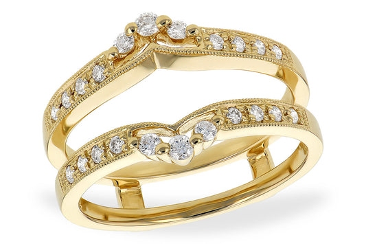 Two Allison Kaufman 14k yellow ring guard bands (.28TW) feature wavy designs, small round diamonds along the band, and three larger center diamonds, all displayed against a white background.