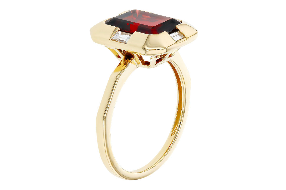 This polished Allison Kaufman ladies ring features a 3.65ct 10x8mm rectangular Garnet set in a raised prong setting, accented with small clear stones on each side for added elegance.