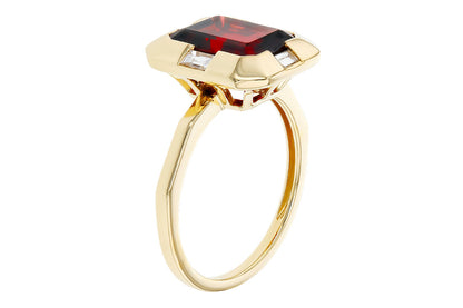 This polished Allison Kaufman ladies ring features a 3.65ct 10x8mm rectangular Garnet set in a raised prong setting, accented with small clear stones on each side for added elegance.