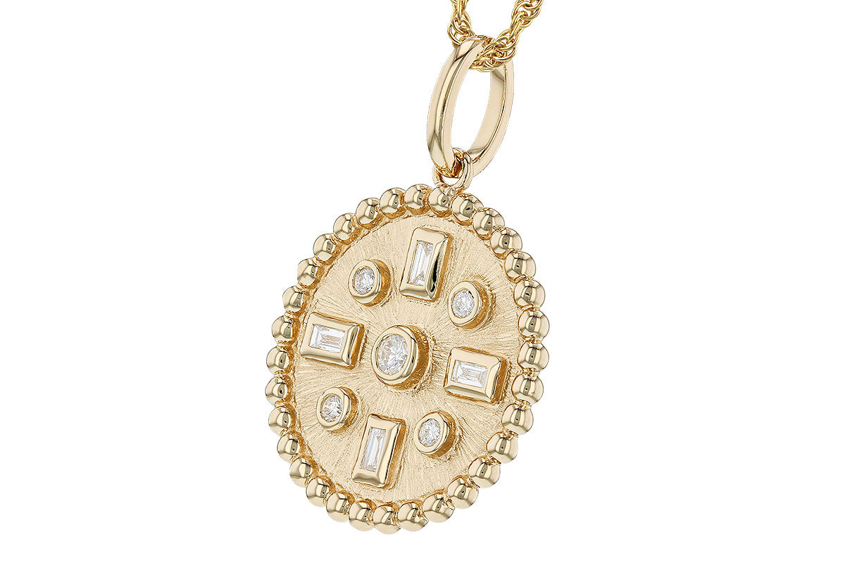 The Allison Kaufman 14K Yellow Gold Diamond Necklace features an oval pendant with a beaded edge, textured surface, and round and baguette-cut diamonds in a symmetrical design.