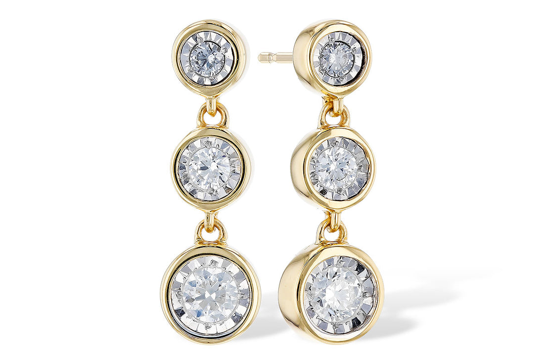 The Allison Kaufman 14K Yellow Gold 3-Diamond Drop Earrings feature three bezel-set, round diamonds arranged vertically with increasing size.