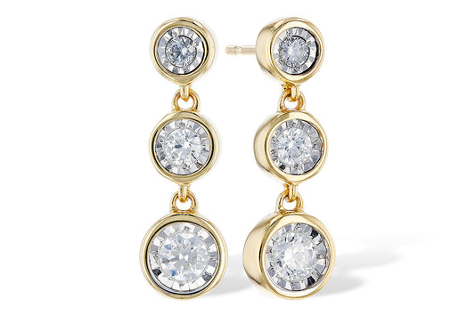 The Allison Kaufman 14K Yellow Gold 3-Diamond Drop Earrings feature three bezel-set, round diamonds arranged vertically with increasing size.