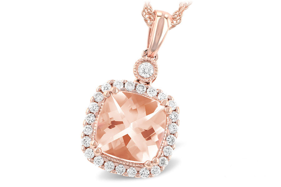 The Allison Kaufman 14K Rose Gold Morganite Necklace features a cushion-cut peach morganite pendant with a halo of round white diamonds, a single diamond above the stone, and is set on a twisted chain.