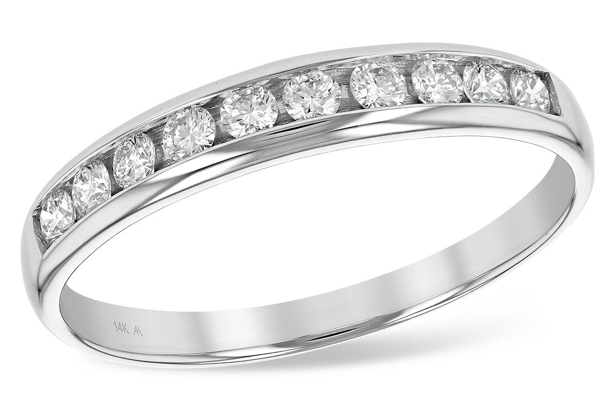 The Allison Kaufman 14K White Gold Ladies' Wedding Band showcases nine natural diamonds in a channel setting and features a "14K" engraving inside, offering a classic, timeless design.