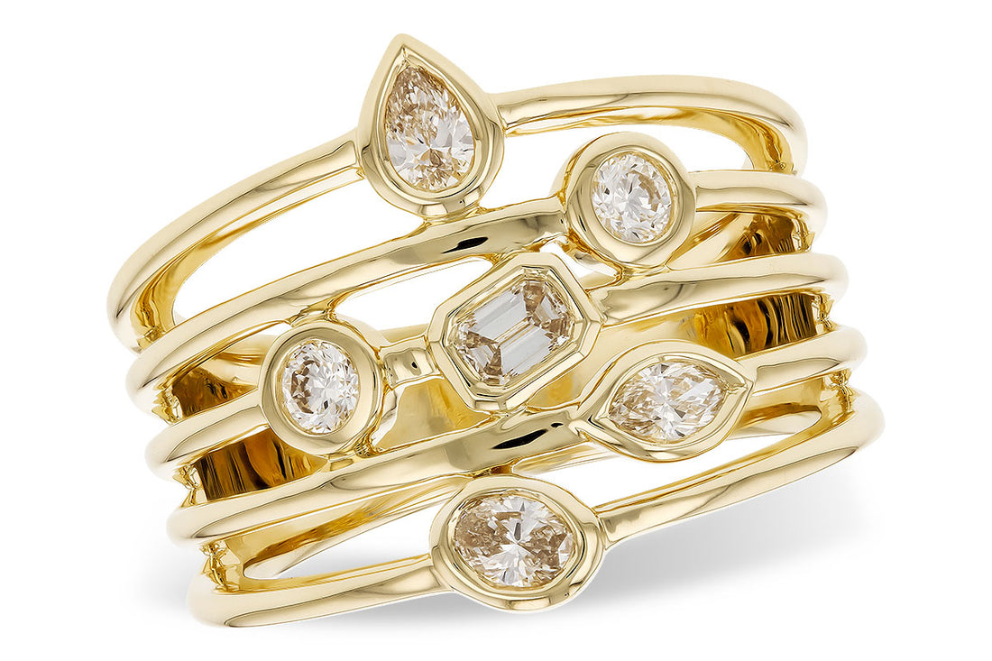 The Fancy Cut Diamonds Ring by Allison Kaufman features five 14K yellow gold bands with round, marquise, pear, and emerald-cut diamonds arranged in an elegant, clustered design.