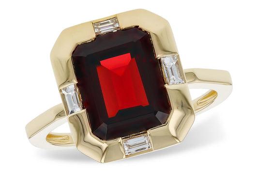 The Allison Kaufman Ladies Ring features a 3.65ct deep red garnet (10x8mm) at the center, beautifully accented by four smaller rectangular clear stones set around it.