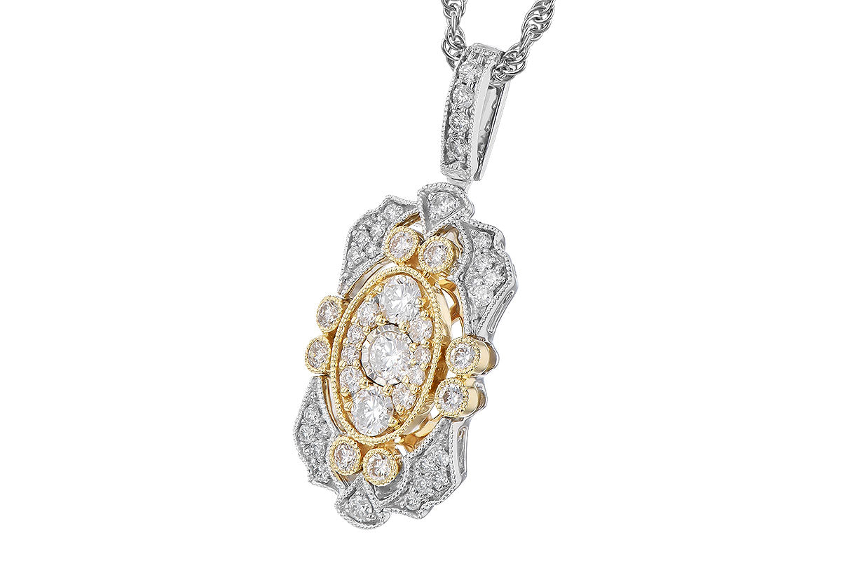 The Allison Kaufman 14K White and Yellow Gold Diamond Two-Tone Necklace features a central cluster of natural diamonds set in yellow gold, surrounded by diamonds and detailed with white gold on a textured chain.