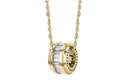 The Allison Kaufman Diamond Baguette 14k Yellow Gold Necklace features a circular pendant with two concentric rings: the outer ring sparkles with vertical baguette diamonds, while the inner ring displays refined circular cutouts.