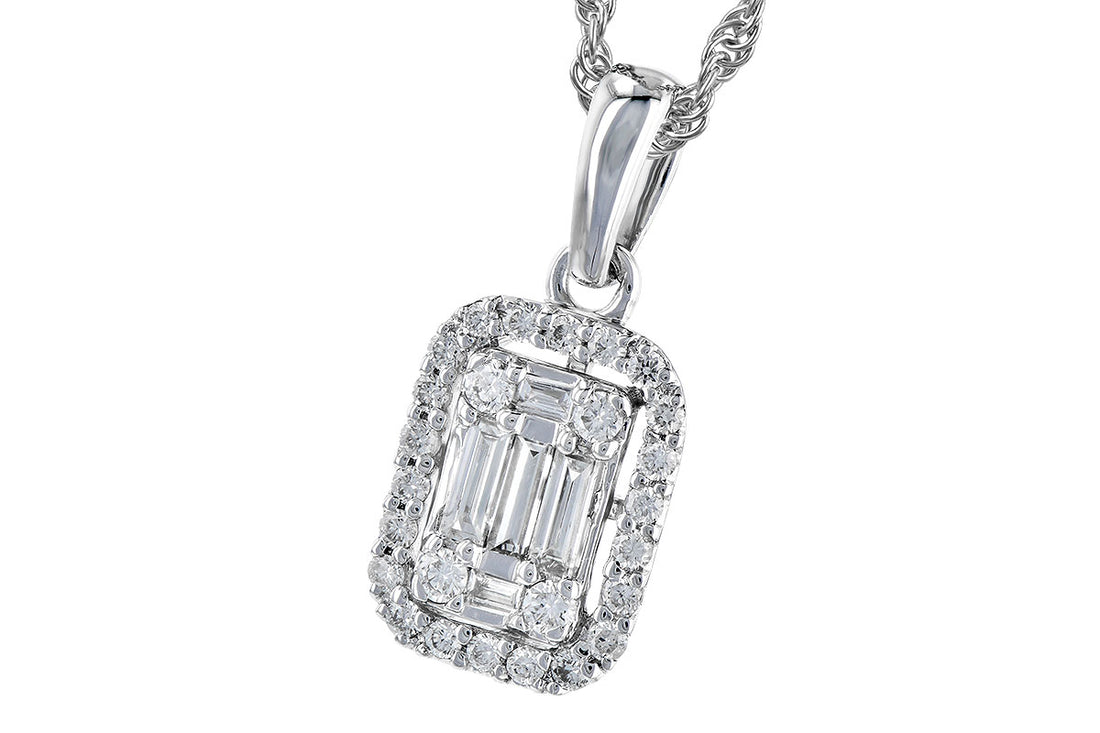The Allison Kaufman 14K White Gold Diamond Mosaic Necklace features a rectangular pendant with clear emerald-cut diamonds, bordered by smaller round stones for a stunning mosaic look.