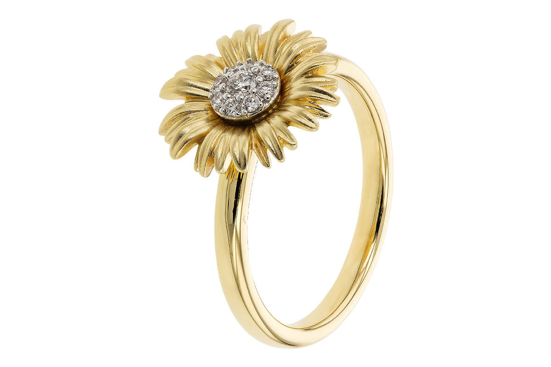 The Diamonds 14K Yellow Gold Sunflower Ring by Allison Kaufman features a dazzling cluster of small diamonds at its center. Its intricately detailed and textured petals contrast elegantly with the smooth, polished band, creating a stunning diamond ring ideal for any occasion.