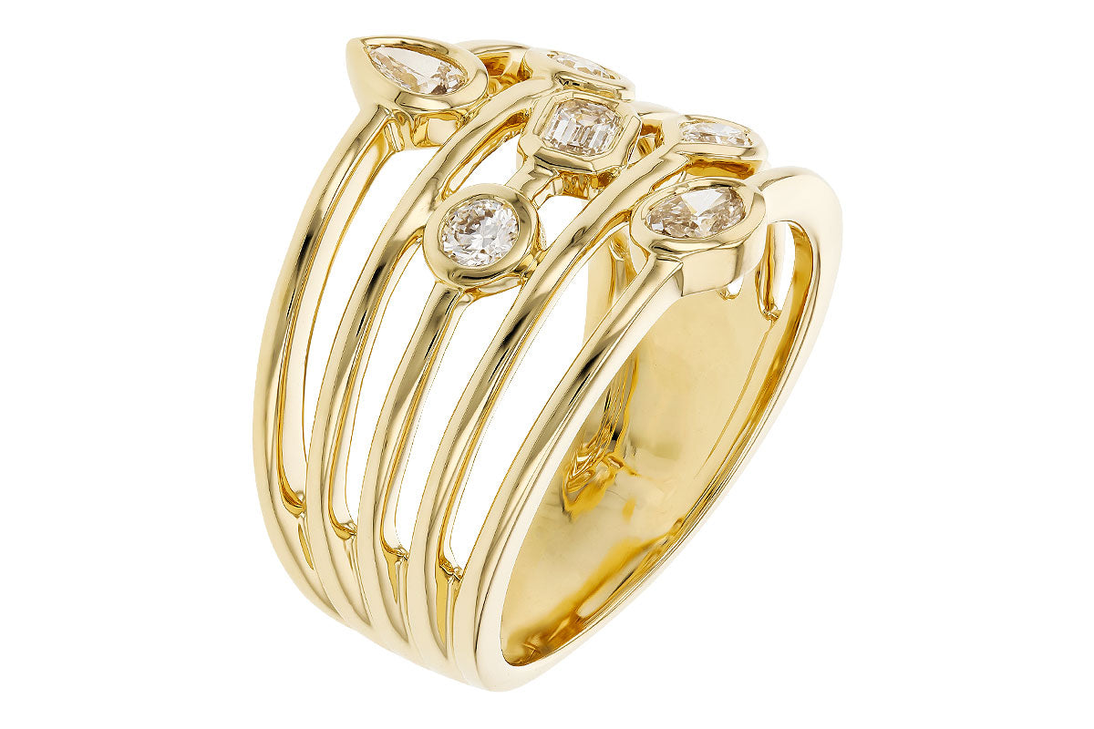The Allison Kaufman Fancy Cut Diamonds Ring is a modern 14K yellow gold piece with four parallel bands set with round, marquise, and emerald-cut diamonds for an elegant multiband look.
