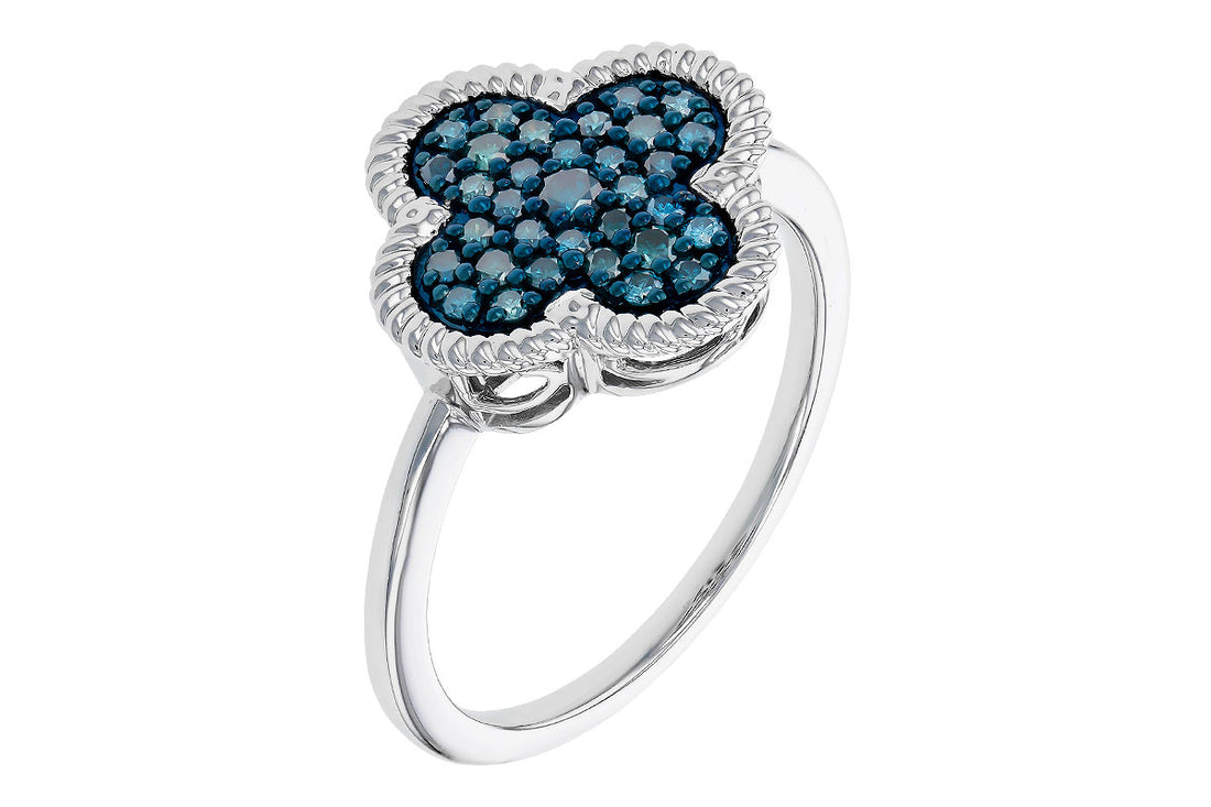 The Allison Kaufman ladies ring features 0.33ct of Blue Diamonds set in a clover-shaped silver design, creating a sparkling and elegant look.