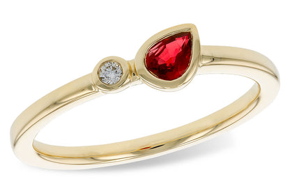 The Allison Kaufman 14k yellow .24c ruby ring features a pear-shaped red ruby and a small round white diamond set side by side on a simple gold band.