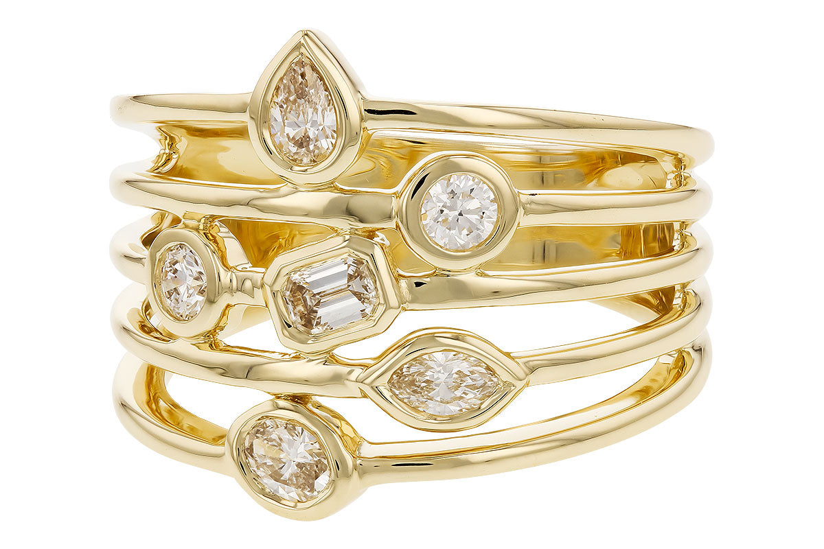 The Fancy Cut Diamonds Ring by Allison Kaufman showcases five stacked 14K yellow gold bands, each set with a pear, round, emerald, marquise, or oval fancy-cut diamond.