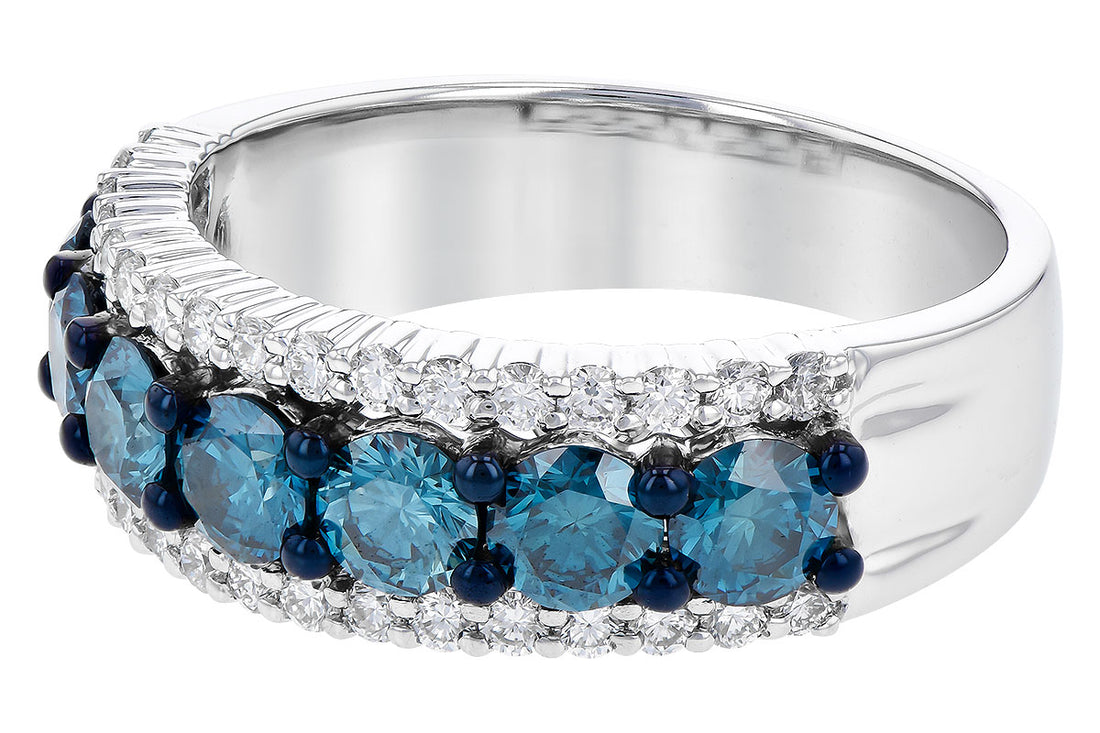 The Allison Kaufman Blue Diamond and Diamond 14k white gold ring features a row of round blue diamonds between two rows of clear diamonds, all set in a sleek band with secure dark prongs.