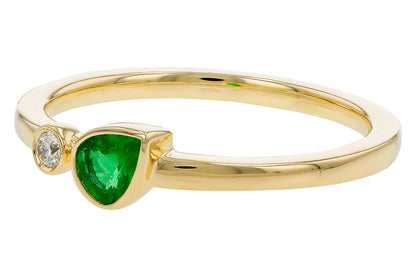 The Allison Kaufman 14k yellow .20ct emerald ring features a pear-shaped green gemstone and a small round white diamond set side by side on a slim gold band.
