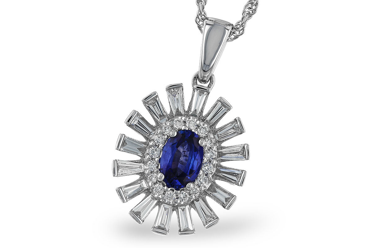 The Allison Kaufman 14K White Gold Sapphire and Diamond Pendant Necklace features an oval sapphire pendant surrounded by sparkling round and baguette-cut diamonds for a radiant sunburst effect.
