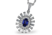 The Allison Kaufman 14K White Gold Sapphire and Diamond Pendant Necklace features an oval sapphire pendant surrounded by sparkling round and baguette-cut diamonds for a radiant sunburst effect.