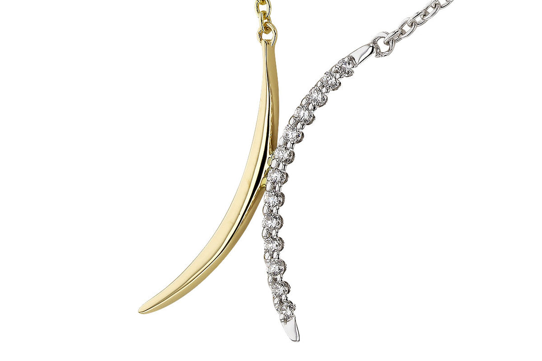 Close-up of the Allison Kaufman 14k two-tone diamond pendant: polished yellow and white gold, both set with round diamonds on delicate chains—a stunning piece of fine jewelry.