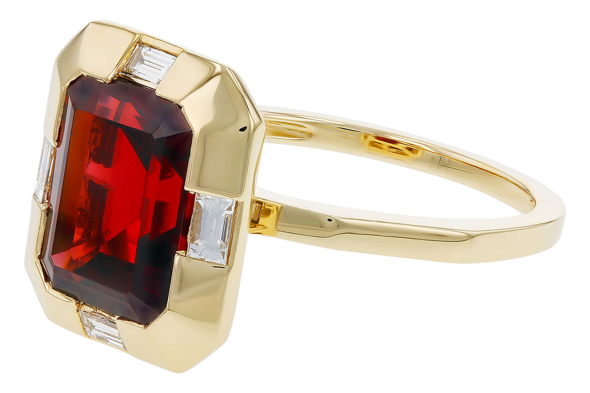 The Allison Kaufman Ladies Ring features a 3.65ct, 10x8mm rectangular garnet center stone accented by smaller clear rectangular stones, all set in a bold geometric gold setting.
