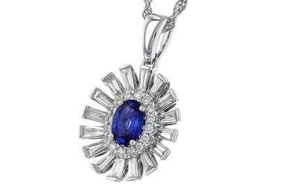 The Allison Kaufman 14K White Gold Sapphire and Diamond Pendant Necklace showcases an oval sapphire center stone, surrounded by round diamonds and a radiant fan of baguette-cut diamonds.