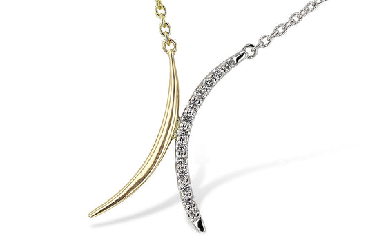 Two curved bar pendants by Allison Kaufman hang on intersecting chains—one is a smooth 14k gold piece, the other is a sparkling 14k two tone diamond pendant.