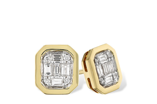The Allison Kaufman 14K Yellow Gold Baguette Diamond Earrings feature an octagonal design with modern borders and a cluster of baguette and round white diamonds at the center.