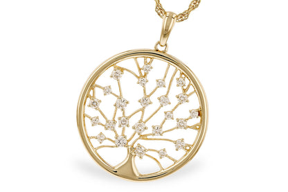 The Allison Kaufman 14k yellow tree pendant features a circular tree motif adorned with sparkling clear stones, adding elegance and intricate detail.