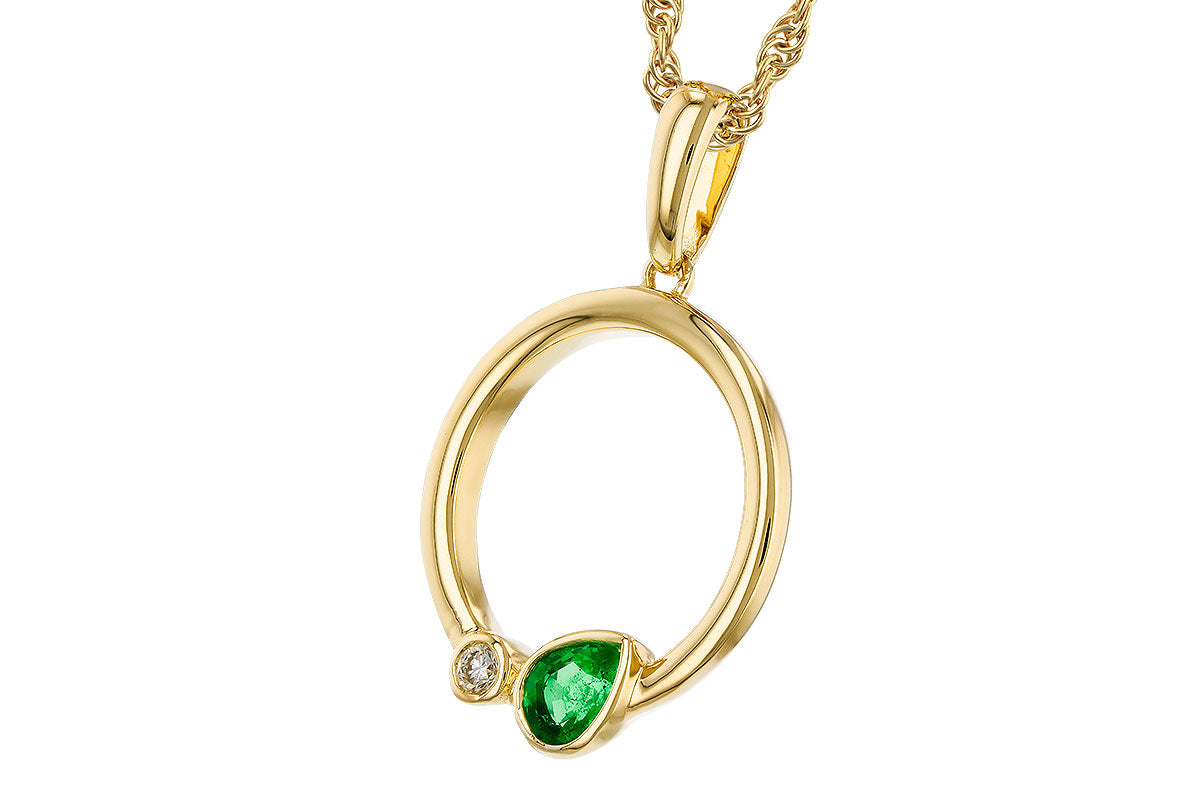 The Allison Kaufman 14K Yellow Gold Emerald & Diamond Necklace features an open oval pendant with a round diamond and a pear-shaped emerald, making it an elegant May birthstone piece.