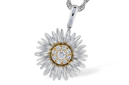 The Allison Kaufman Two-Tone Gold Sunflower Diamond Necklace features textured silver petals, a gold center with clustered diamonds, and hangs from a twisted silver chain—a dazzling statement piece.