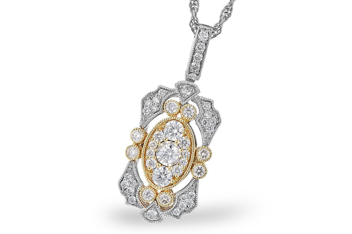 The Allison Kaufman 14K White and Yellow Gold Diamond Two-Tone Necklace features natural diamonds in an intricate silver and gold design on a twisted silver chain.